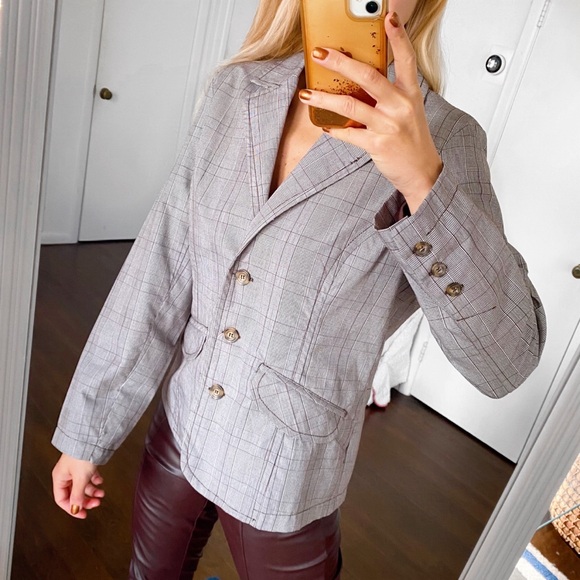 🍂 GINA BENOTTI BROWN GREY PLAID BLAZER JACKET! - Picture 2 of 13